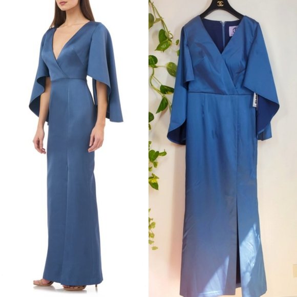NWT $348 JS COLLECTIONS Maxi Dress Womens Navy 2 XS Cape Sleeve Wedding Empire - Picture 3 of 12